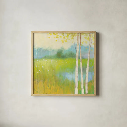 Spring Fling II by Julia Purinton. Shown in a natural wood glass frame for a timeless modern aesthetic. Available as an archival giclee rolled canvas, fine art paper, or poster print. SKU 23807a.