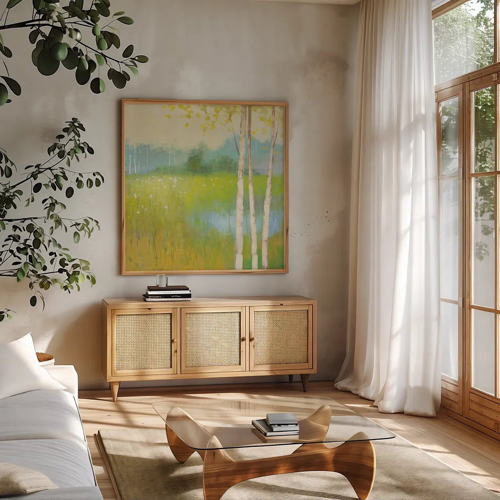 Spring Fling II by Julia Purinton. Shown in a natural wood frame in a cozy modern living room. Available as an archival giclee rolled canvas, fine art paper, or poster print. SKU 23807a.