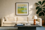 Spring Fling II by Julia Purinton. Displayed in a glass frame with matte in a clean modern living room. Available as an archival giclee rolled canvas, fine art paper, or poster print. SKU 23807a.