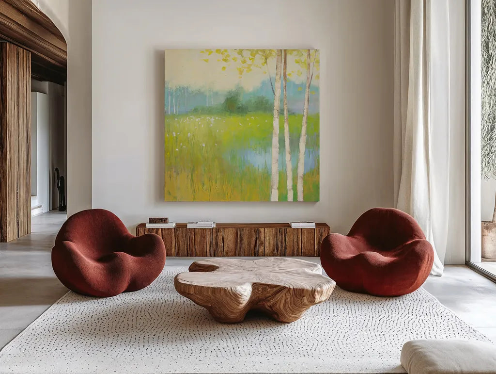 Spring Fling II by Julia Purinton. Shown as extra-large giant wall art in a modern living room. Available as an archival giclee rolled canvas, fine art paper, or poster print. SKU 23807a.