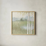 Spring Fling II Cool by Julia Purinton. Shown in a natural wood glass frame for a timeless modern aesthetic. Available as an archival giclee rolled canvas, fine art paper, or poster print. SKU 30212a.