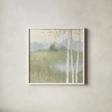 Spring Fling II Cool by Julia Purinton. Shown in a crisp white glass frame for a clean and minimalist style. Available as an archival giclee rolled canvas, fine art paper, or poster print. SKU 30212a.