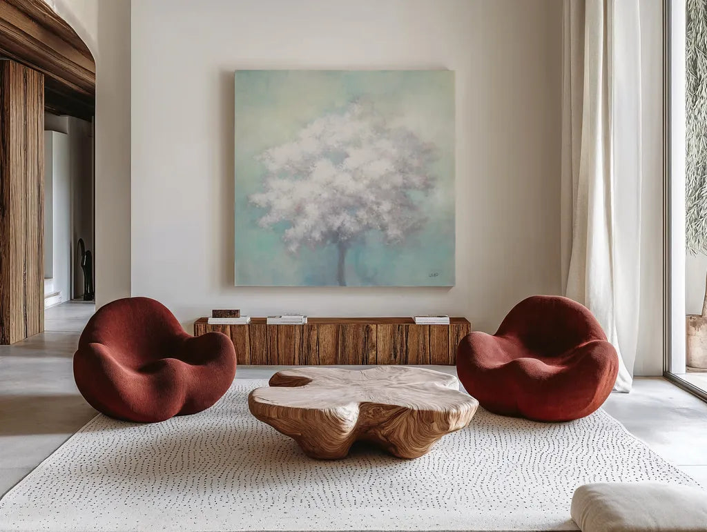 Spring Hope by Julia Purinton. Shown as extra-large giant wall art in a modern living room. Available as an archival giclee rolled canvas, fine art paper, or poster print. SKU 62755a.