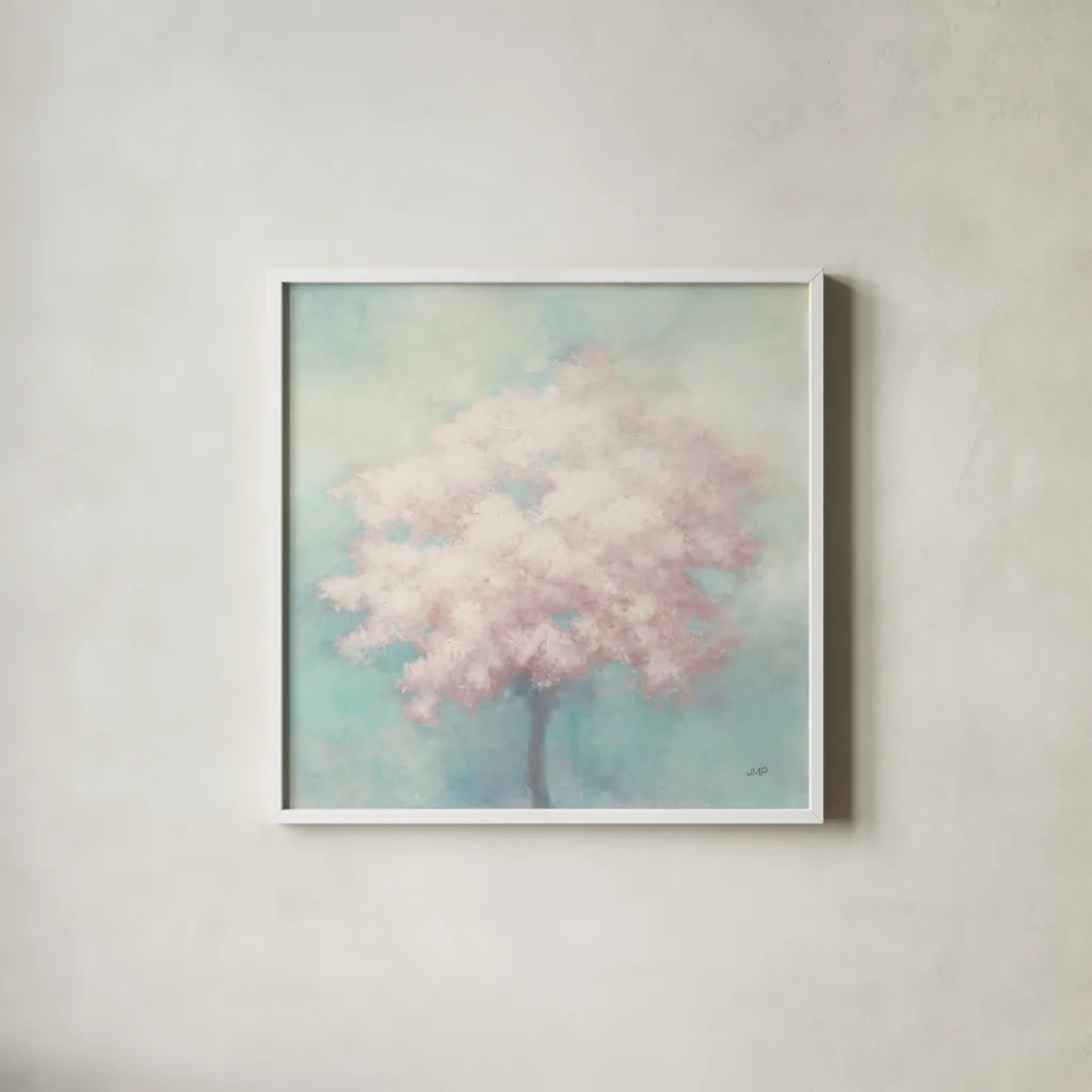 Spring Hope Blush by Julia Purinton. Shown in a crisp white glass frame for a clean and minimalist style. Available as an archival giclee rolled canvas, fine art paper, or poster print. SKU 64596a.