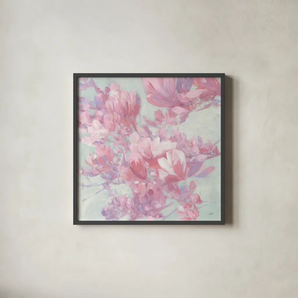 Spring Magnolia I by Julia Purinton. Shown in a sleek black glass frame for a contemporary gallery look. Available as an archival giclee rolled canvas, fine art paper, or poster print. SKU 63245a.