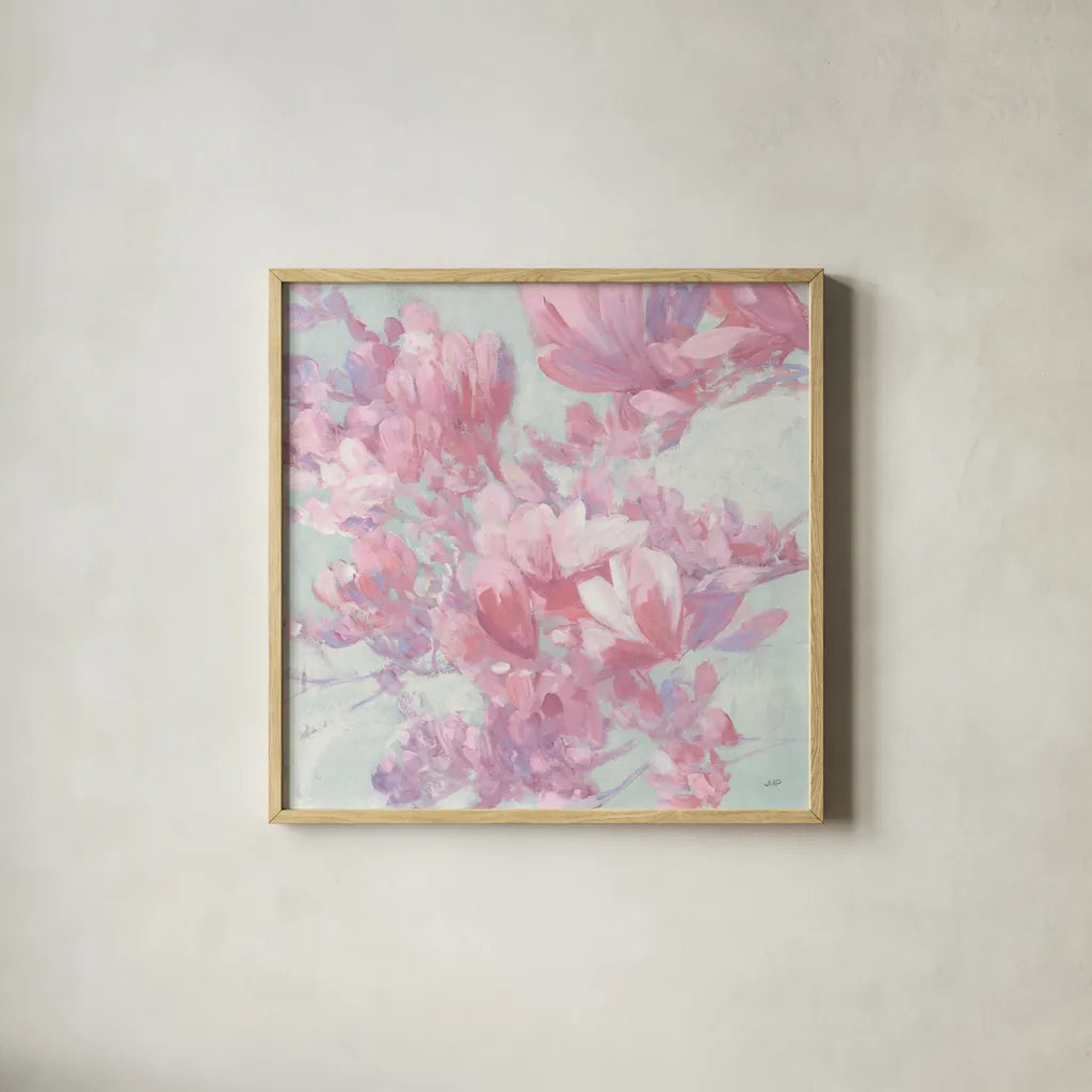 Spring Magnolia I by Julia Purinton. Shown in a natural wood glass frame for a timeless modern aesthetic. Available as an archival giclee rolled canvas, fine art paper, or poster print. SKU 63245a.