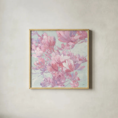 Spring Magnolia I by Julia Purinton. Shown in a natural wood glass frame for a timeless modern aesthetic. Available as an archival giclee rolled canvas, fine art paper, or poster print. SKU 63245a.
