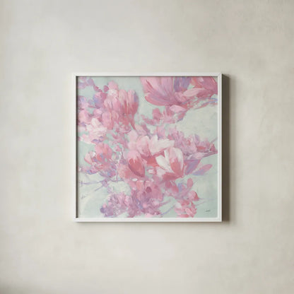 Spring Magnolia I by Julia Purinton. Shown in a crisp white glass frame for a clean and minimalist style. Available as an archival giclee rolled canvas, fine art paper, or poster print. SKU 63245a.