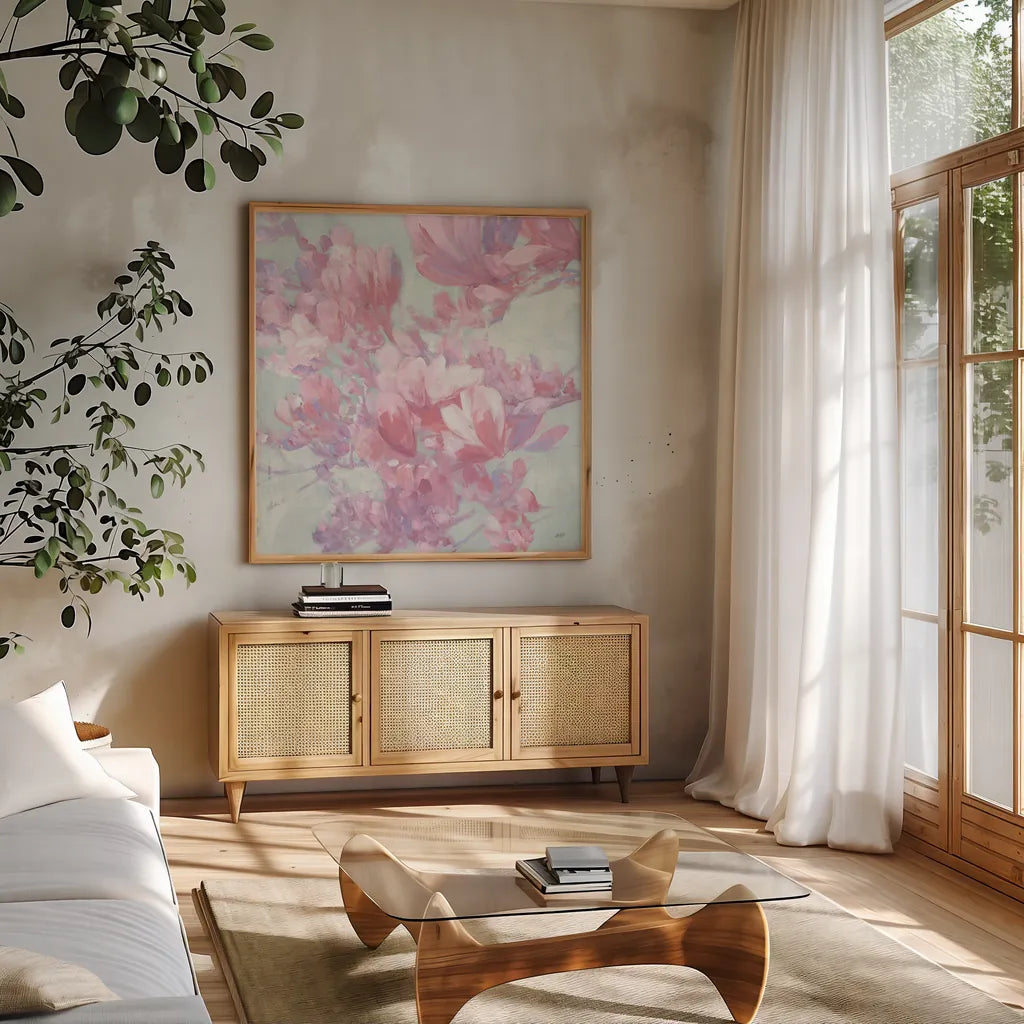 Spring Magnolia I by Julia Purinton. Shown in a natural wood frame in a cozy modern living room. Available as an archival giclee rolled canvas, fine art paper, or poster print. SKU 63245a.