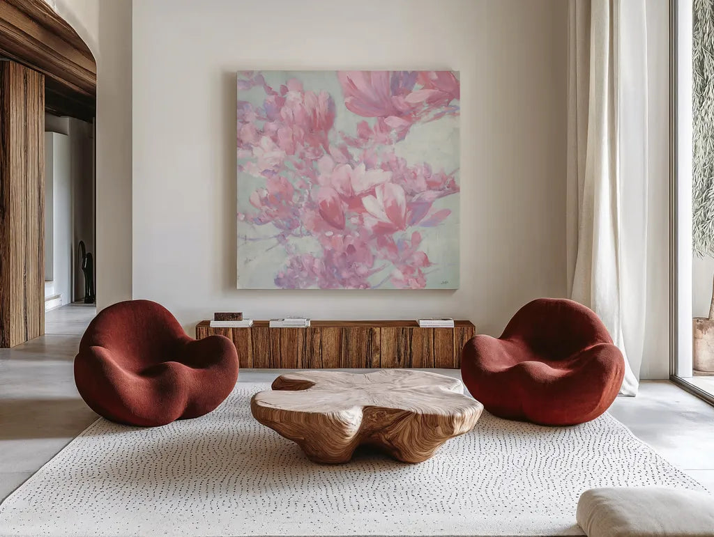 Spring Magnolia I by Julia Purinton. Shown as extra-large giant wall art in a modern living room. Available as an archival giclee rolled canvas, fine art paper, or poster print. SKU 63245a.