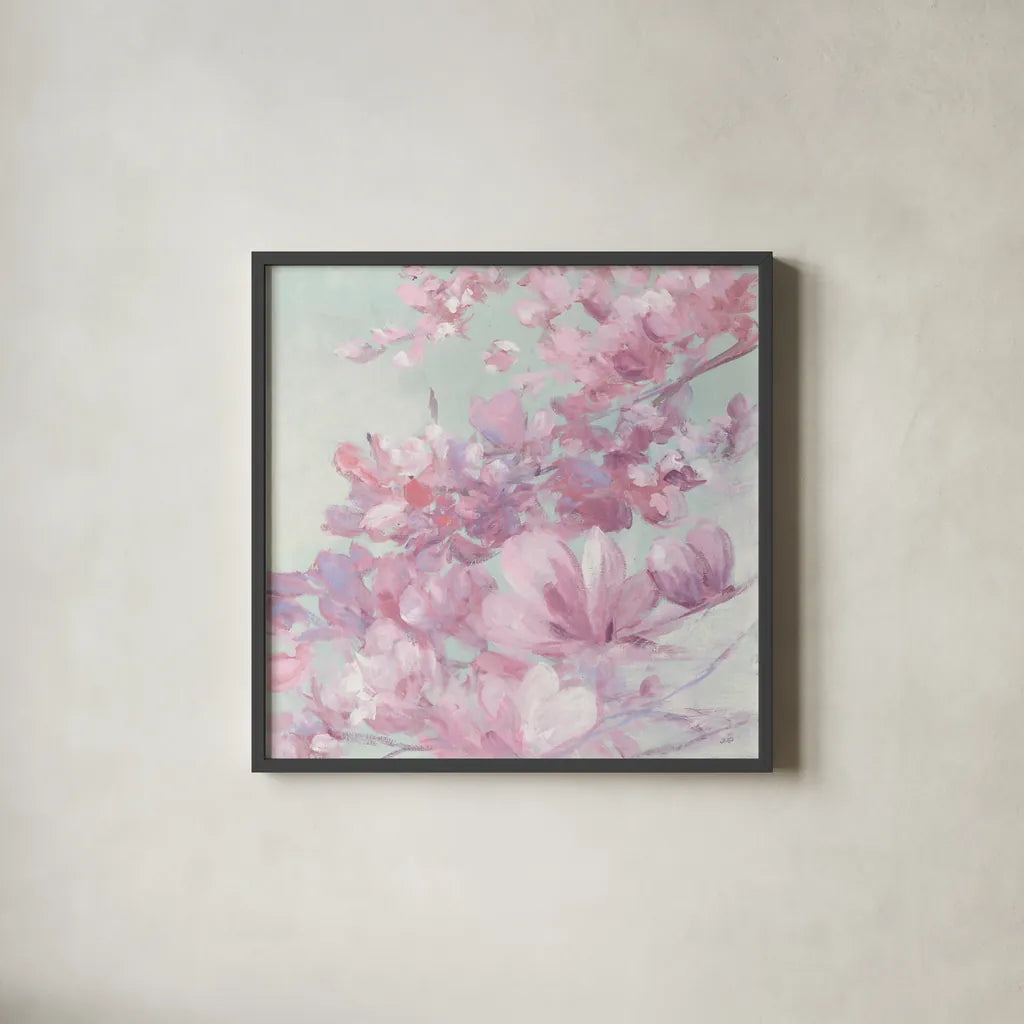 Spring Magnolia II by Julia Purinton. Shown in a sleek black glass frame for a contemporary gallery look. Available as an archival giclee rolled canvas, fine art paper, or poster print. SKU 63246a.