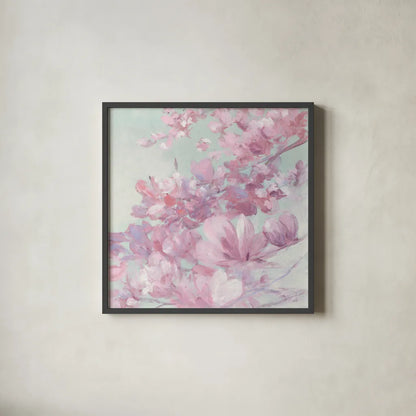 Spring Magnolia II by Julia Purinton. Shown in a sleek black glass frame for a contemporary gallery look. Available as an archival giclee rolled canvas, fine art paper, or poster print. SKU 63246a.