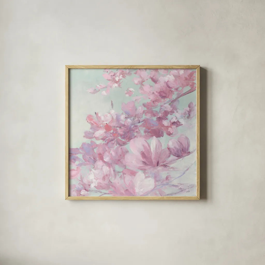Spring Magnolia II by Julia Purinton. Shown in a natural wood glass frame for a timeless modern aesthetic. Available as an archival giclee rolled canvas, fine art paper, or poster print. SKU 63246a.