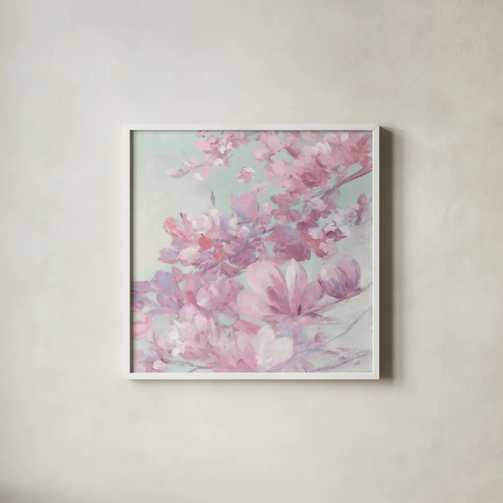 Spring Magnolia II by Julia Purinton. Shown in a crisp white glass frame for a clean and minimalist style. Available as an archival giclee rolled canvas, fine art paper, or poster print. SKU 63246a.