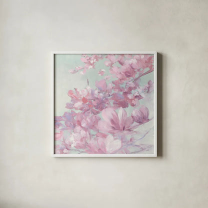 Spring Magnolia II by Julia Purinton. Shown in a crisp white glass frame for a clean and minimalist style. Available as an archival giclee rolled canvas, fine art paper, or poster print. SKU 63246a.