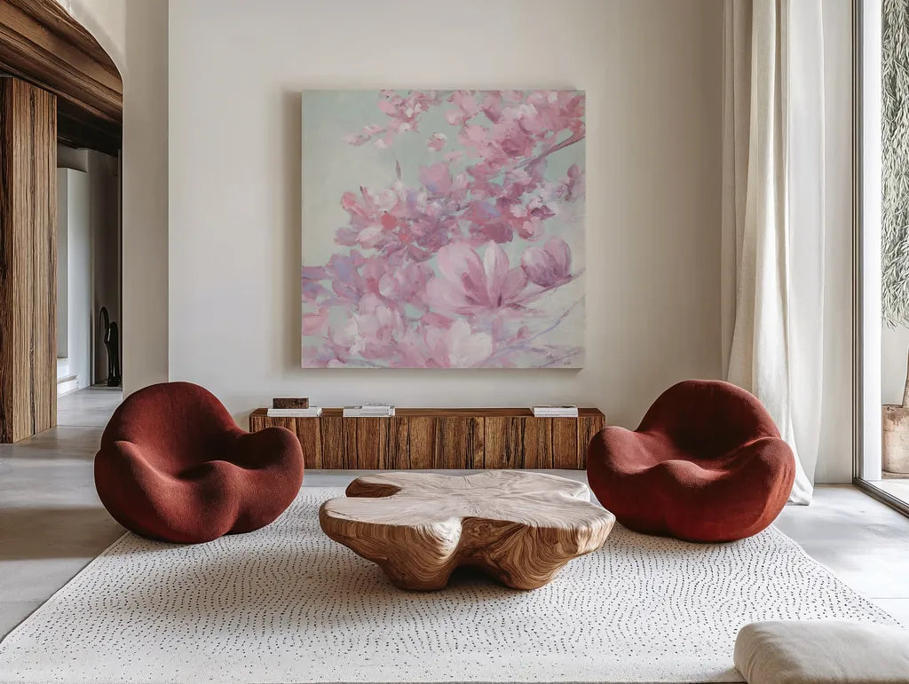 Spring Magnolia II by Julia Purinton. Shown as extra-large giant wall art in a modern living room. Available as an archival giclee rolled canvas, fine art paper, or poster print. SKU 63246a.