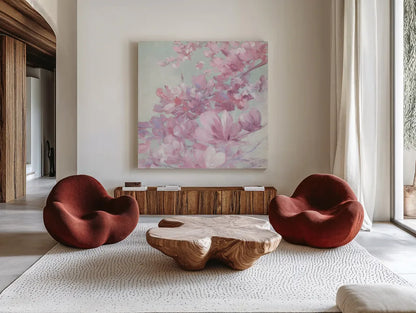 Spring Magnolia II by Julia Purinton. Shown as extra-large giant wall art in a modern living room. Available as an archival giclee rolled canvas, fine art paper, or poster print. SKU 63246a.