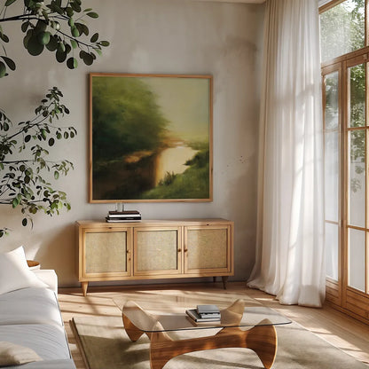 Spring Morning by Julia Purinton. Shown in a natural wood frame in a cozy modern living room. Available as an archival giclee rolled canvas, fine art paper, or poster print. SKU 33430a.