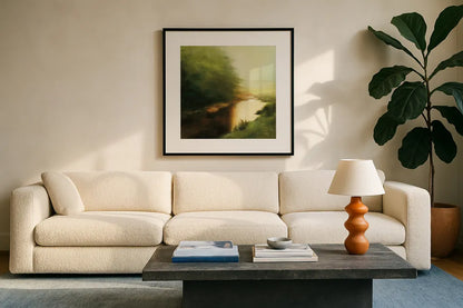 Spring Morning by Julia Purinton. Displayed in a glass frame with matte in a clean modern living room. Available as an archival giclee rolled canvas, fine art paper, or poster print. SKU 33430a.