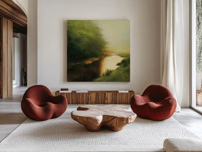 Spring Morning by Julia Purinton. Shown as extra-large giant wall art in a modern living room. Available as an archival giclee rolled canvas, fine art paper, or poster print. SKU 33430a.