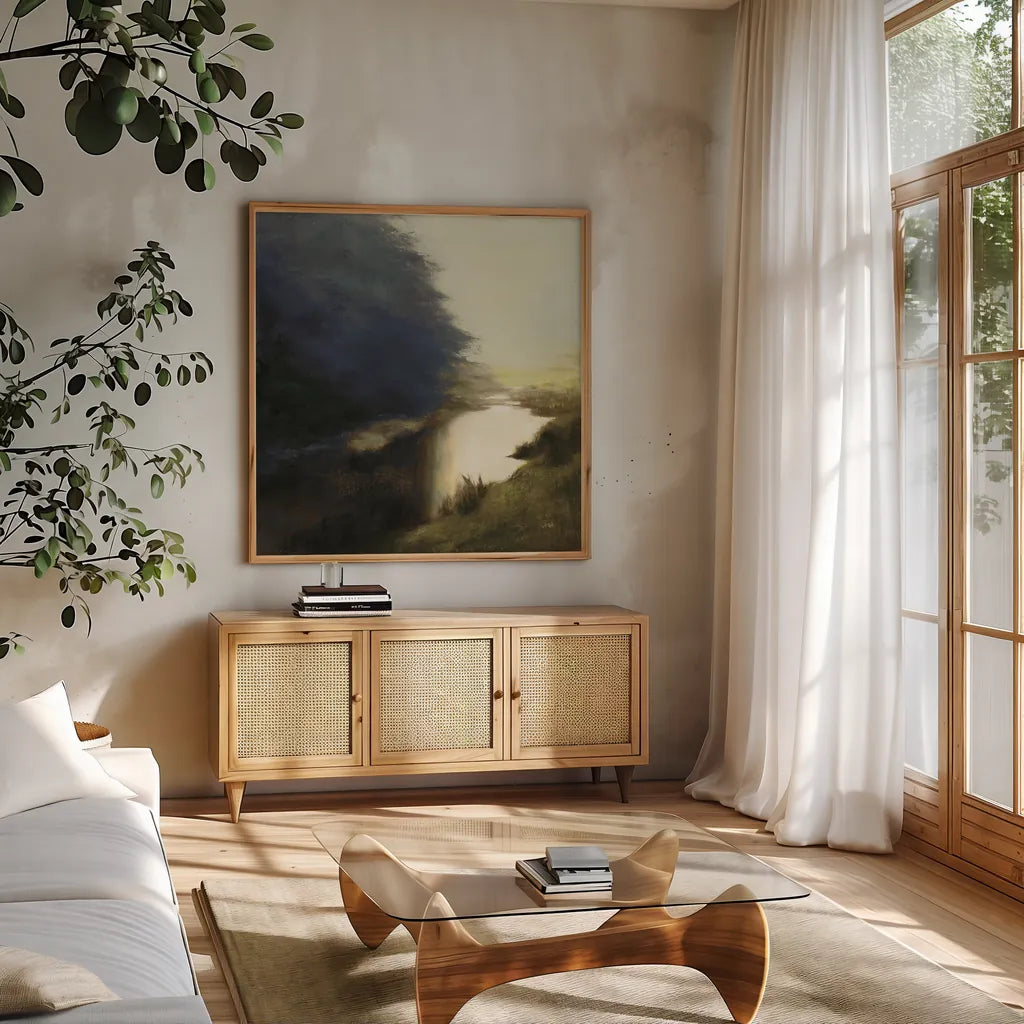 Spring Morning Dark by Julia Purinton. Shown in a natural wood frame in a cozy modern living room. Available as an archival giclee rolled canvas, fine art paper, or poster print. SKU 78314a.