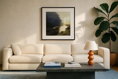 Spring Morning Dark by Julia Purinton. Displayed in a glass frame with matte in a clean modern living room. Available as an archival giclee rolled canvas, fine art paper, or poster print. SKU 78314a.