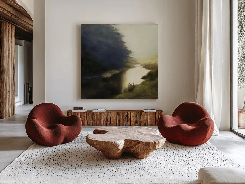 Spring Morning Dark by Julia Purinton. Shown as extra-large giant wall art in a modern living room. Available as an archival giclee rolled canvas, fine art paper, or poster print. SKU 78314a.
