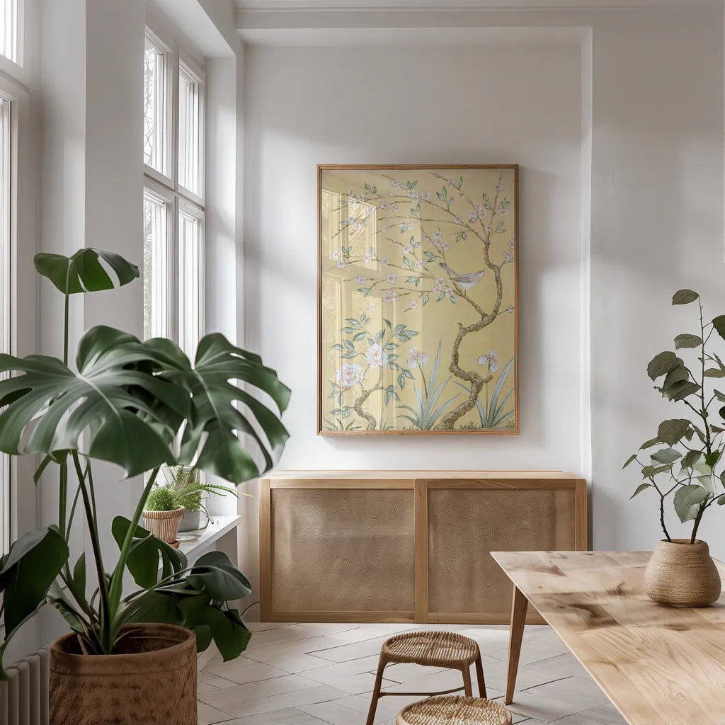 Spring Mural I by Julia Purinton. shown as a print in a natural wood frame in a dining room. Available as a archival giclee rolled canvas, fine art paper, or poster print. SKU 60421h.