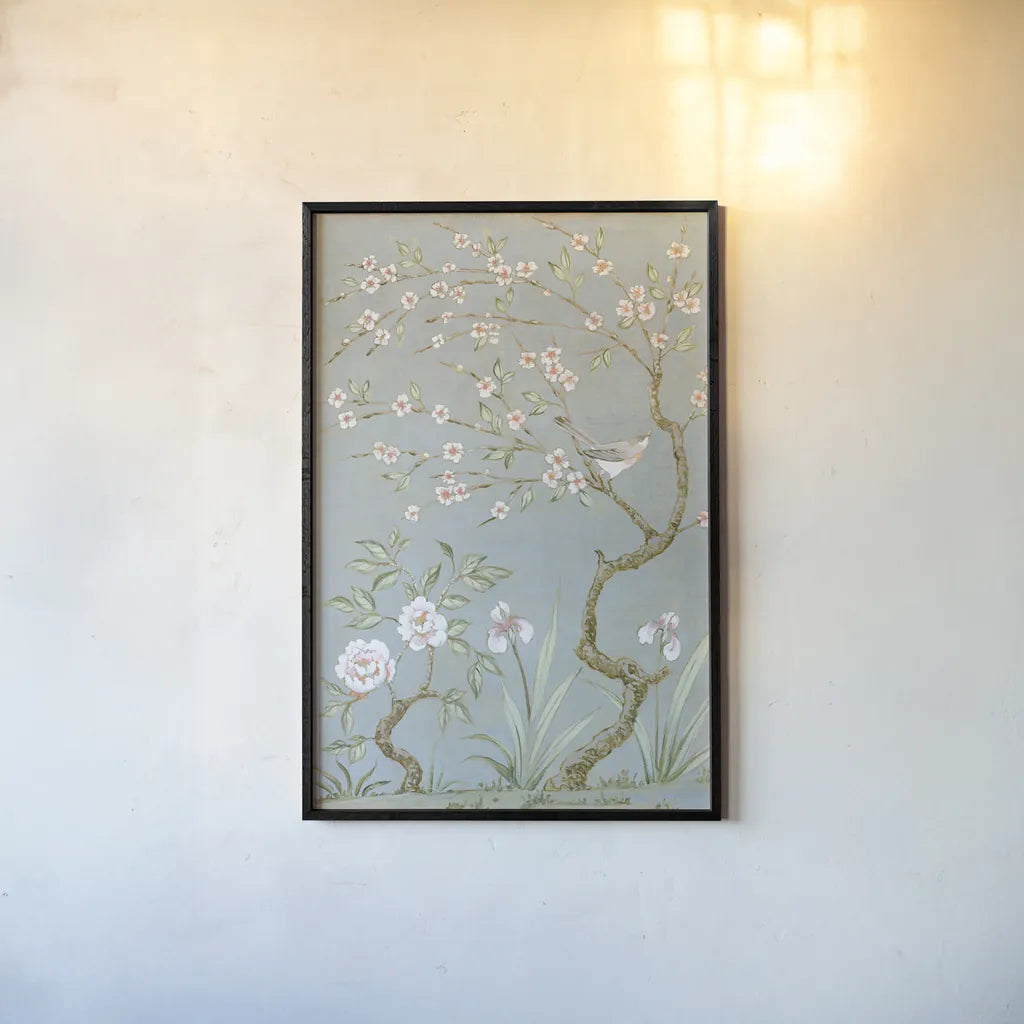 Spring Mural I Blue by Julia Purinton. shown as a paper print in a black flame. Available as a archival giclee rolled canvas, fine art paper, or poster print. SKU 73114h.