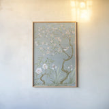 Spring Mural I Blue by Julia Purinton. shown as a paper print in a natural frame. Available as a archival giclee rolled canvas, fine art paper, or poster print. SKU 73114h.