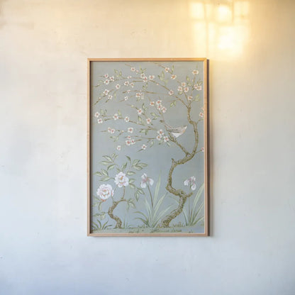 Spring Mural I Blue by Julia Purinton. shown as a paper print in a natural frame. Available as a archival giclee rolled canvas, fine art paper, or poster print. SKU 73114h.