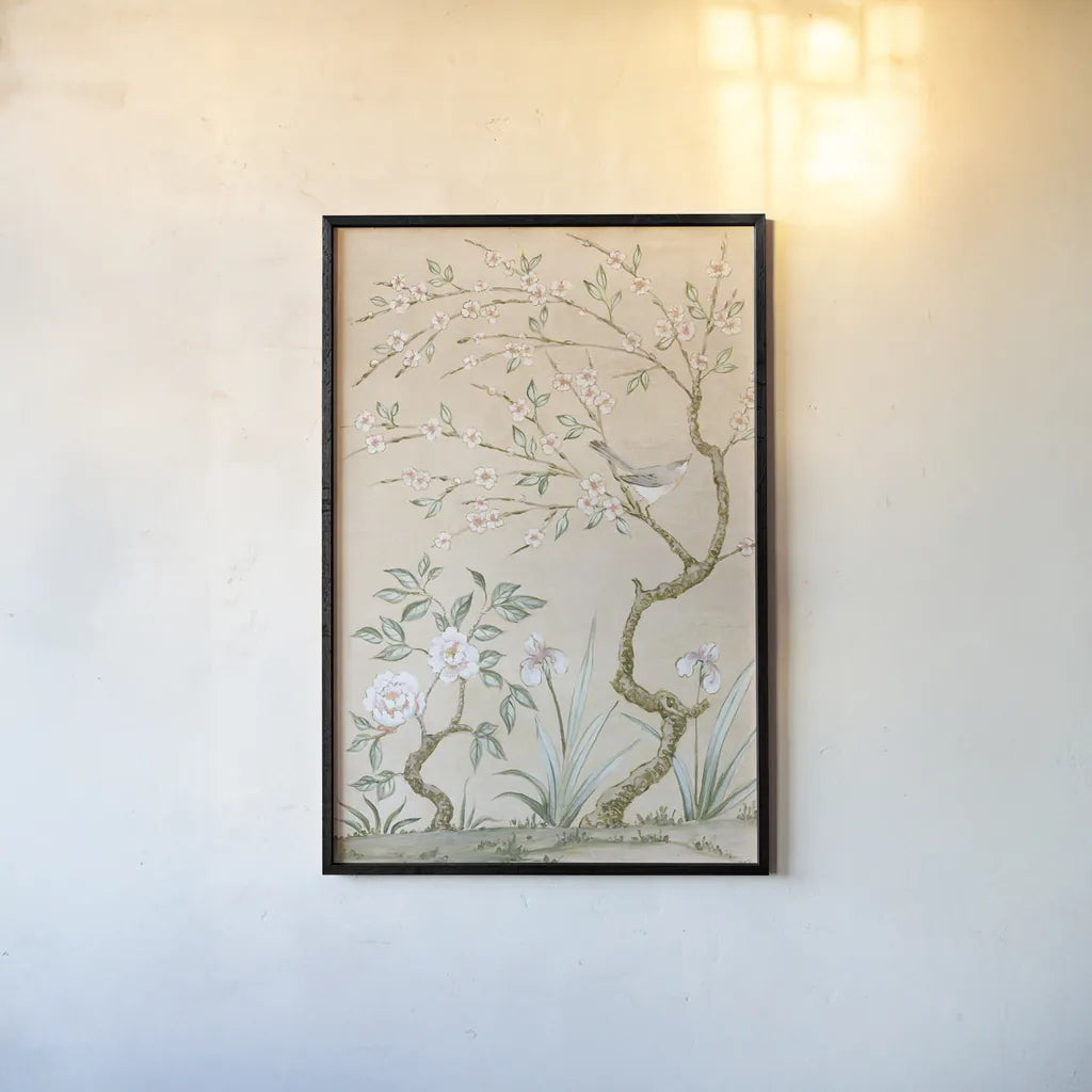 Spring Mural I Tan by Julia Purinton. shown as a paper print in a black flame. Available as a archival giclee rolled canvas, fine art paper, or poster print. SKU 65077h.
