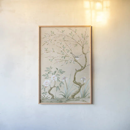 Spring Mural I Tan by Julia Purinton. shown as a paper print in a natural frame. Available as a archival giclee rolled canvas, fine art paper, or poster print. SKU 65077h.