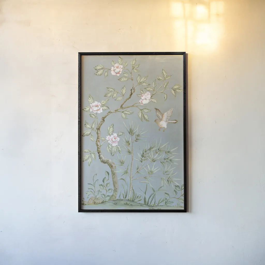Spring Mural II Blue by Julia Purinton. shown as a paper print in a black flame. Available as a archival giclee rolled canvas, fine art paper, or poster print. SKU 73115h.