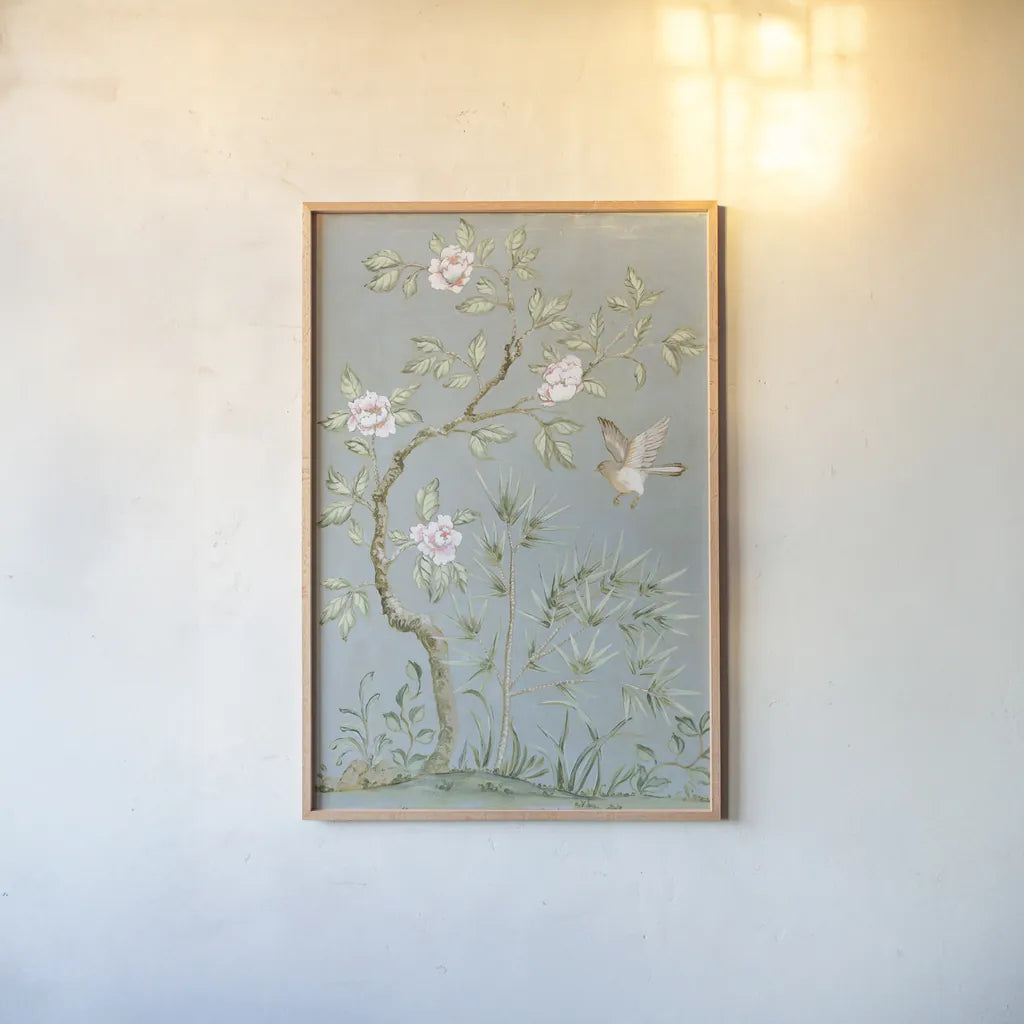 Spring Mural II Blue by Julia Purinton. shown as a paper print in a natural frame. Available as a archival giclee rolled canvas, fine art paper, or poster print. SKU 73115h.