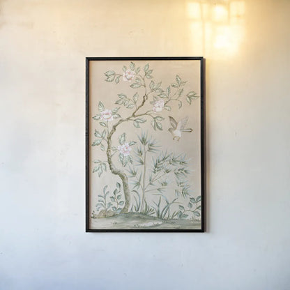 Spring Mural II Tan by Julia Purinton. shown as a paper print in a black flame. Available as a archival giclee rolled canvas, fine art paper, or poster print. SKU 65078h.