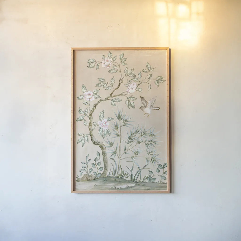 Spring Mural II Tan by Julia Purinton. shown as a paper print in a natural frame. Available as a archival giclee rolled canvas, fine art paper, or poster print. SKU 65078h.
