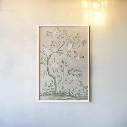 Spring Mural II Tan by Julia Purinton. shown as a paper print in a white frame. Available as a archival giclee rolled canvas, fine art paper, or poster print. SKU 65078h.