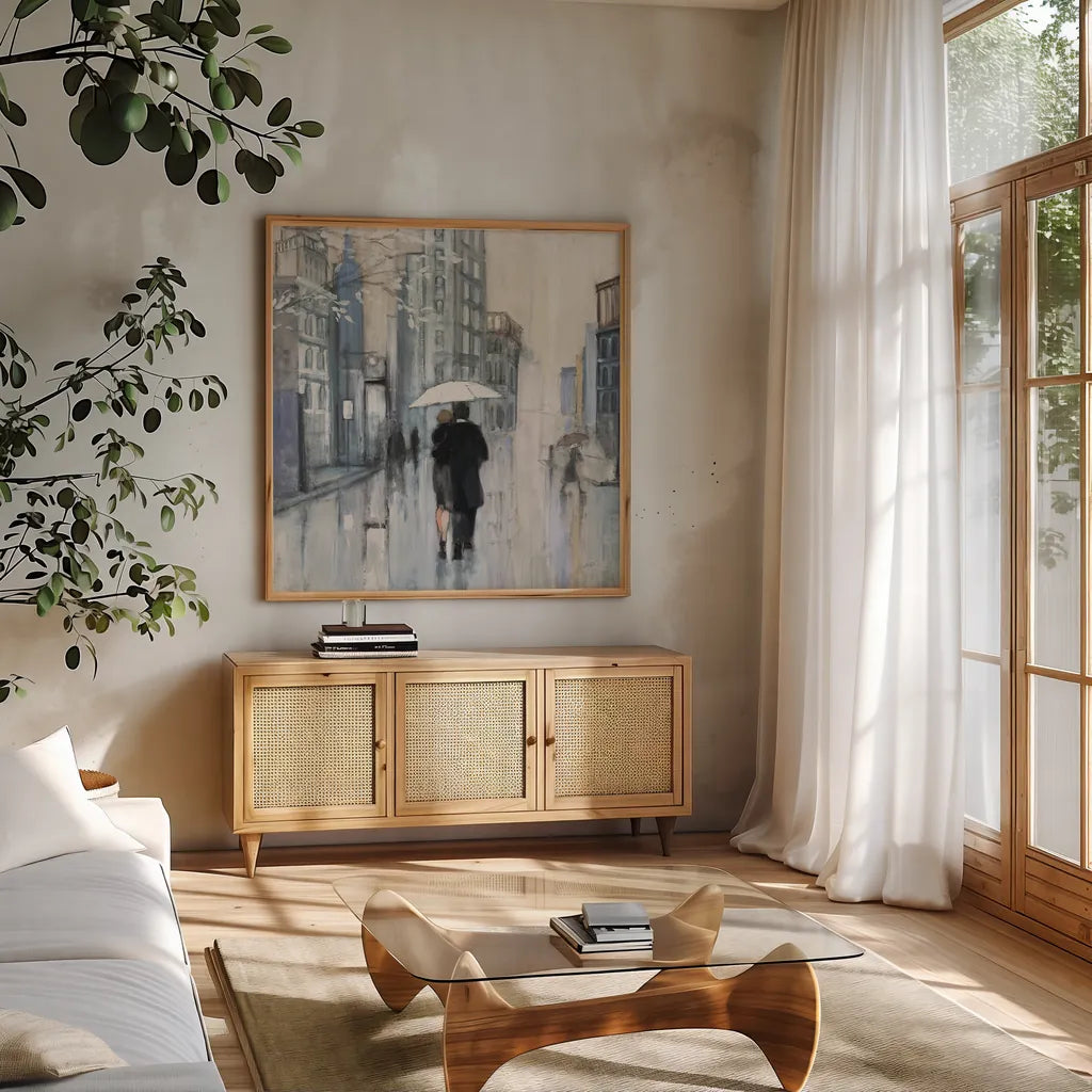 Spring Rain New York Neutral Crop by Julia Purinton. Shown in a natural wood frame in a cozy modern living room. Available as an archival giclee rolled canvas, fine art paper, or poster print. SKU 66596a.