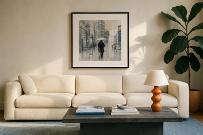 Spring Rain New York Neutral Crop by Julia Purinton. Displayed in a glass frame with matte in a clean modern living room. Available as an archival giclee rolled canvas, fine art paper, or poster print. SKU 66596a.