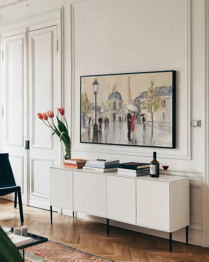 Spring Rain Paris Eiffel by Julia Purinton. shown as a framed stretched canvas in a living room above a console. Available as a archival giclee rolled canvas, fine art paper, or poster print. SKU 18087i.