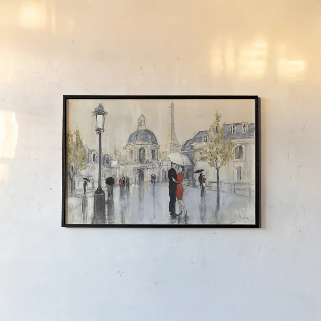 Spring Rain Paris Eiffel by Julia Purinton. shown as a paper print in a black flame. Available as a archival giclee rolled canvas, fine art paper, or poster print. SKU 18087i.