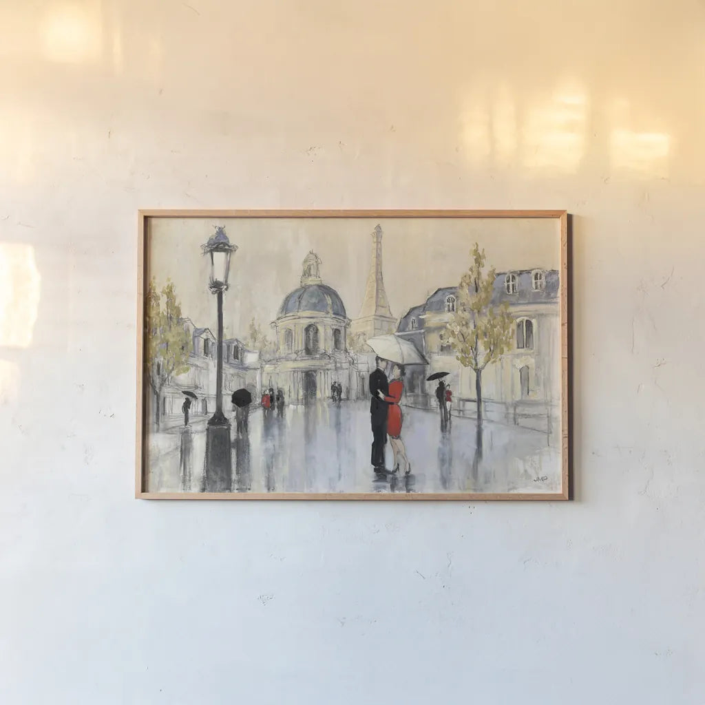 Spring Rain Paris Eiffel by Julia Purinton. shown as a paper print in a natural frame. Available as a archival giclee rolled canvas, fine art paper, or poster print. SKU 18087i.