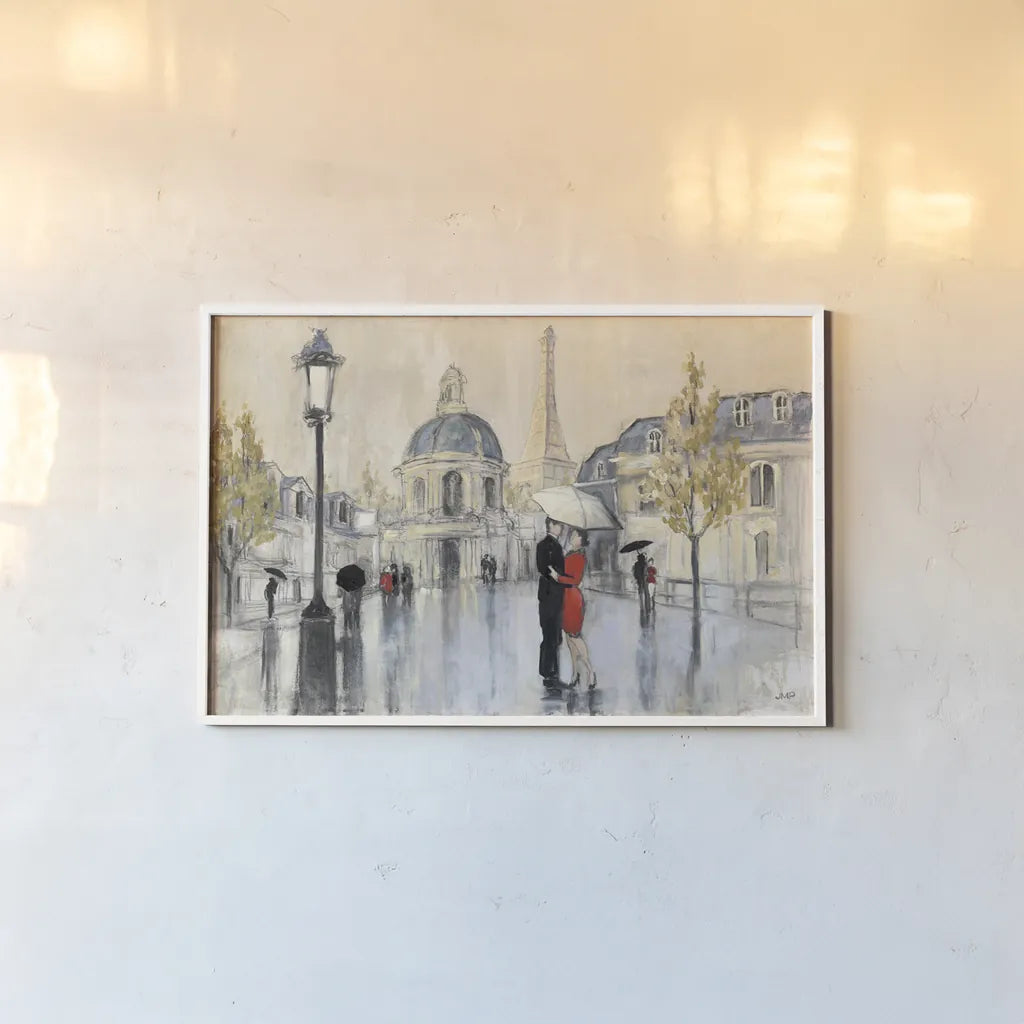 Spring Rain Paris Eiffel by Julia Purinton. shown as a paper print in a white frame. Available as a archival giclee rolled canvas, fine art paper, or poster print. SKU 18087i.