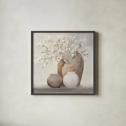 Spring Still Life Sienna by Julia Purinton. Shown in a sleek black glass frame for a contemporary gallery look. Available as an archival giclee rolled canvas, fine art paper, or poster print. SKU 85291a.