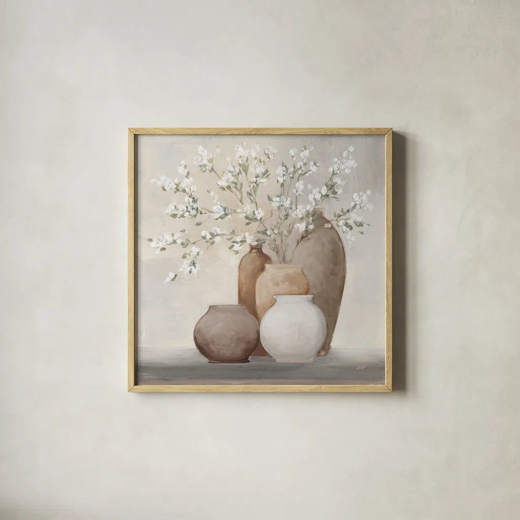 Spring Still Life Sienna by Julia Purinton. Shown in a natural wood glass frame for a timeless modern aesthetic. Available as an archival giclee rolled canvas, fine art paper, or poster print. SKU 85291a.