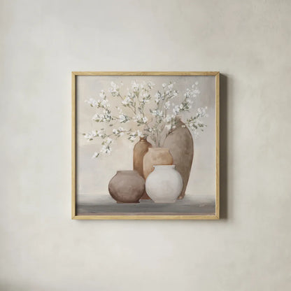 Spring Still Life Sienna by Julia Purinton. Shown in a natural wood glass frame for a timeless modern aesthetic. Available as an archival giclee rolled canvas, fine art paper, or poster print. SKU 85291a.