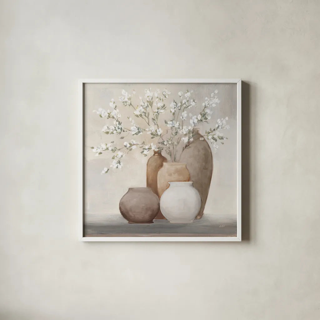 Spring Still Life Sienna by Julia Purinton. Shown in a crisp white glass frame for a clean and minimalist style. Available as an archival giclee rolled canvas, fine art paper, or poster print. SKU 85291a.