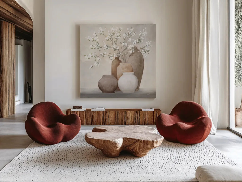 Spring Still Life Sienna by Julia Purinton. Shown as extra-large giant wall art in a modern living room. Available as an archival giclee rolled canvas, fine art paper, or poster print. SKU 85291a.
