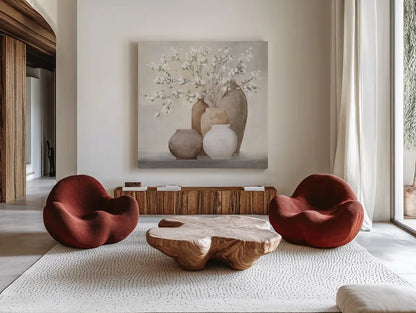 Spring Still Life Sienna by Julia Purinton. Shown as extra-large giant wall art in a modern living room. Available as an archival giclee rolled canvas, fine art paper, or poster print. SKU 85291a.